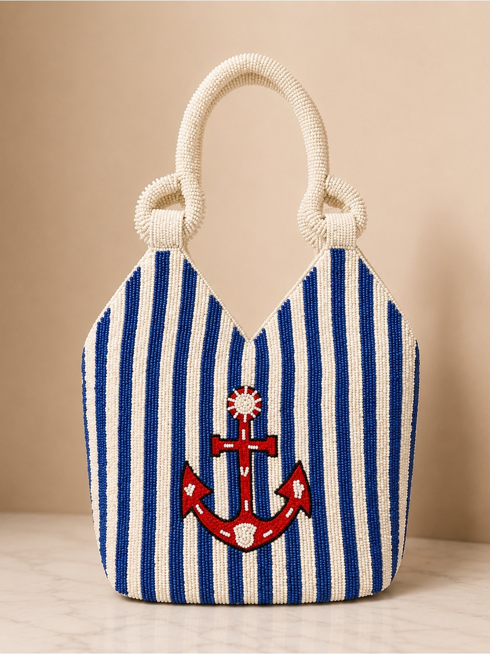 Beaded Nautical Anchor Bag in Blue and White
